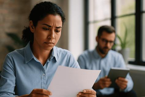 Mulher refletindo ao analisar um documento em ambiente de escritório, representando o impacto emocional de feedbacks e reclamações no ambiente de trabalho.