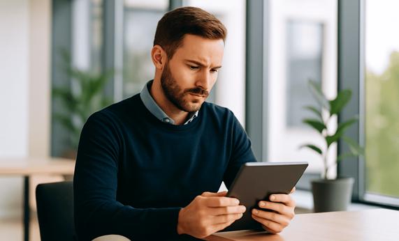 Homem jovem refletindo em frente a um notebook em um ambiente de trabalho moderno e minimalista, simbolizando introspecção e autodesenvolvimento.