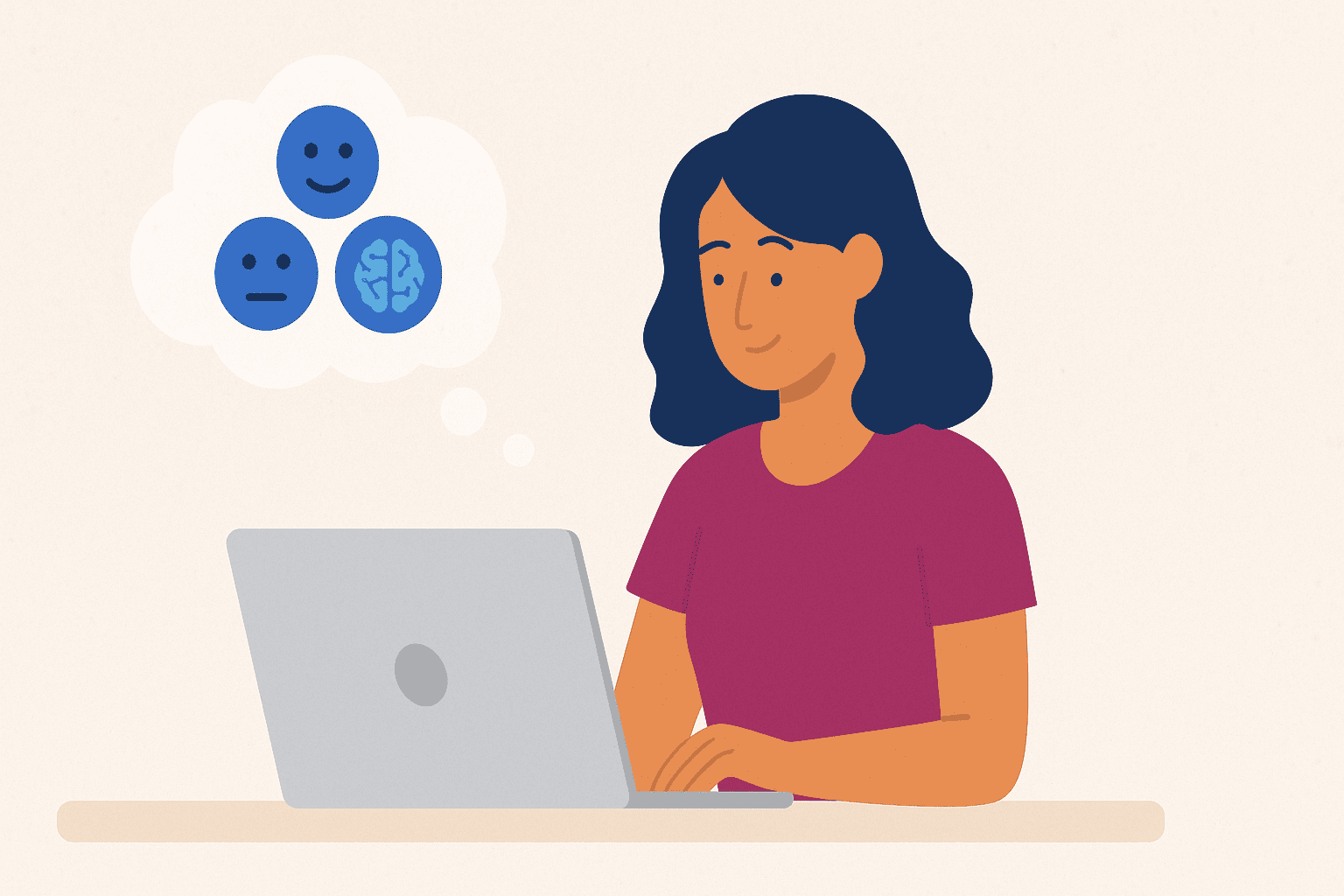 Ilustração de uma mulher sorridente usando notebook com balão de pensamento mostrando rostos e um cérebro azul, representando reflexão e feedback.