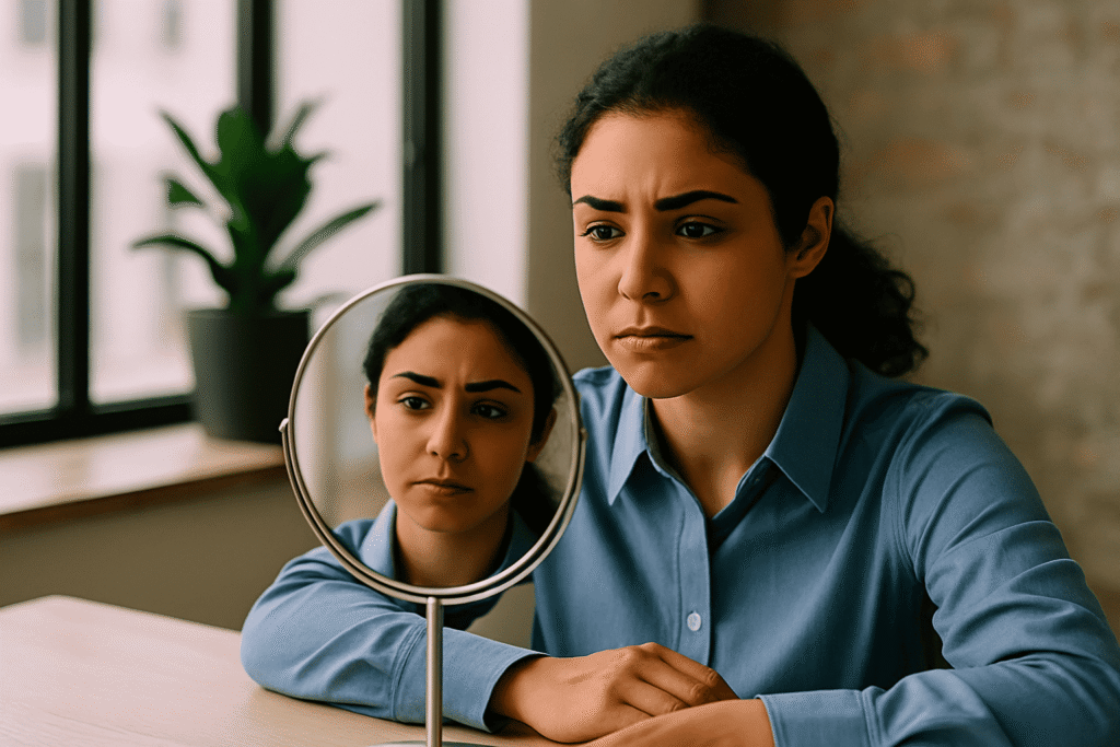 Mulher jovem olhando atentamente para o lado, em ambiente de trabalho moderno, transmitindo reflexão e escuta.