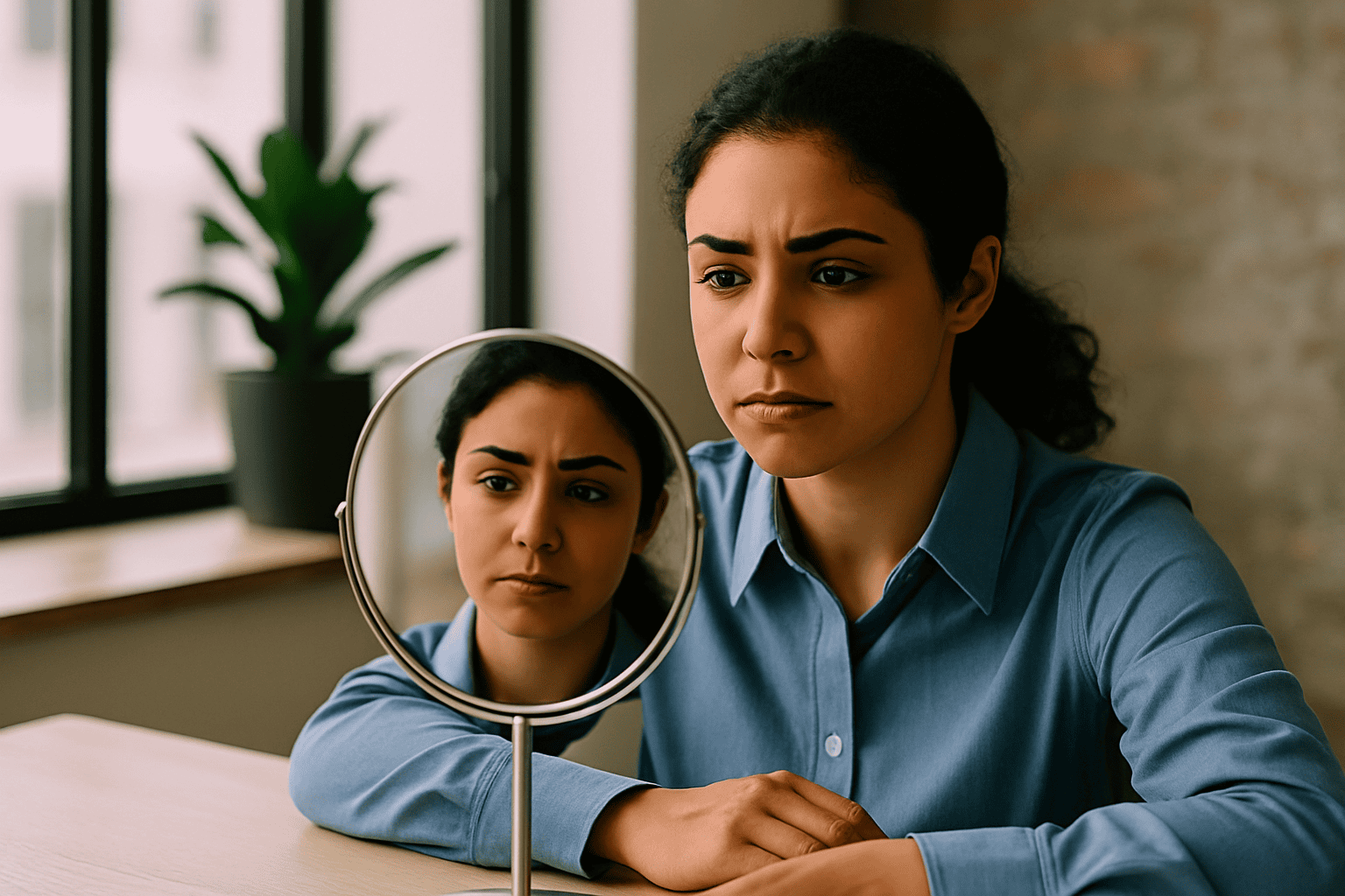 Mulher jovem olhando atentamente para o lado, em ambiente de trabalho moderno, transmitindo reflexão e escuta.