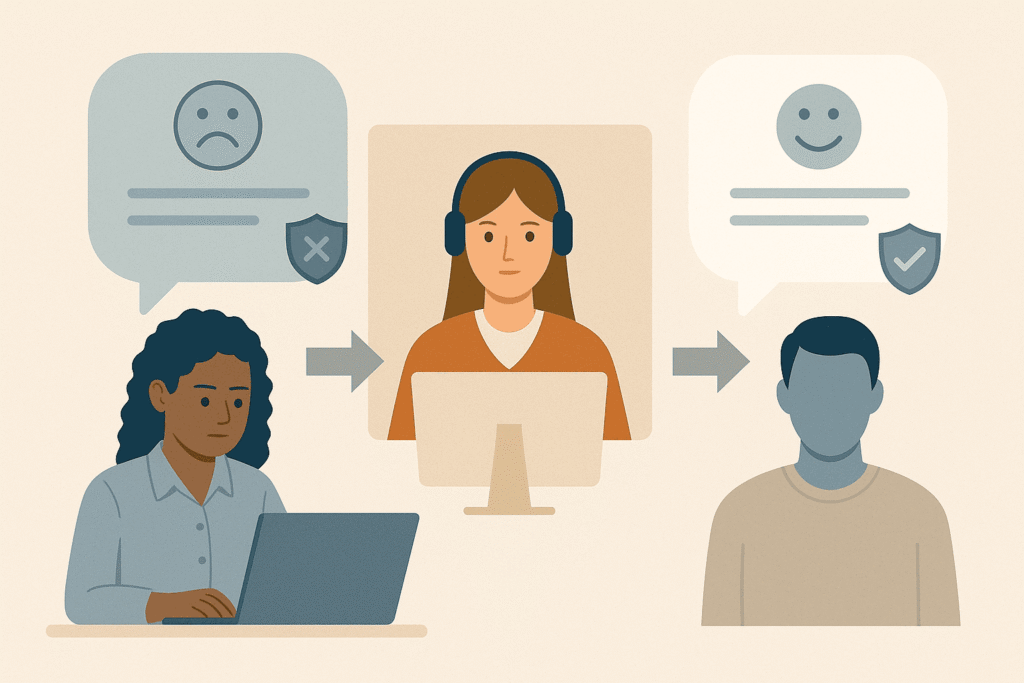 Ilustração em estilo flat mostrando um processo de moderação de feedback, representando segurança e aprovação antes da entrega.