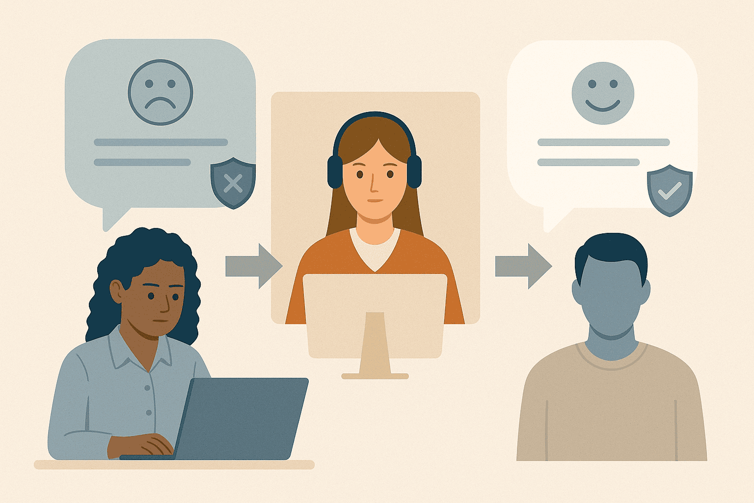 Ilustração em estilo flat mostrando um processo de moderação de feedback, representando segurança e aprovação antes da entrega.
