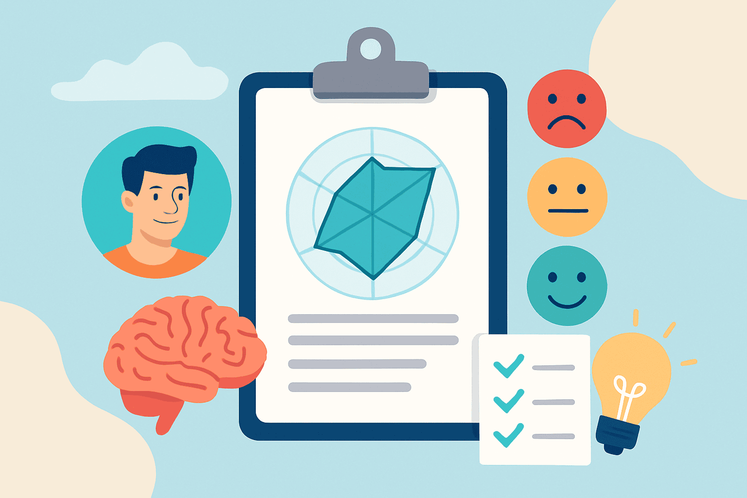 Ilustração representando diferentes testes de autoconhecimento disponíveis no TOHT, como Big Five, Inteligência Emocional e Resiliência.
