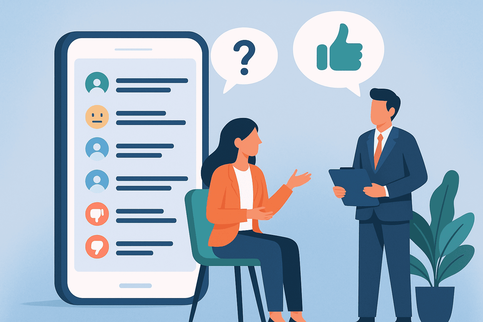 Ilustração em estilo flat mostrando profissionais colaborando e trocando ideias, representando comunicação e feedback no ambiente de trabalho.