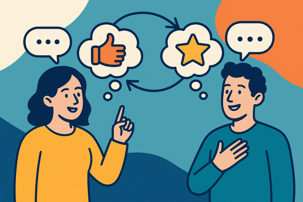 Ilustração em estilo flat mostrando duas pessoas trocando ideias e conectadas por linhas abstratas, simbolizando o feedback entre pares e a colaboração no ambiente de trabalho.