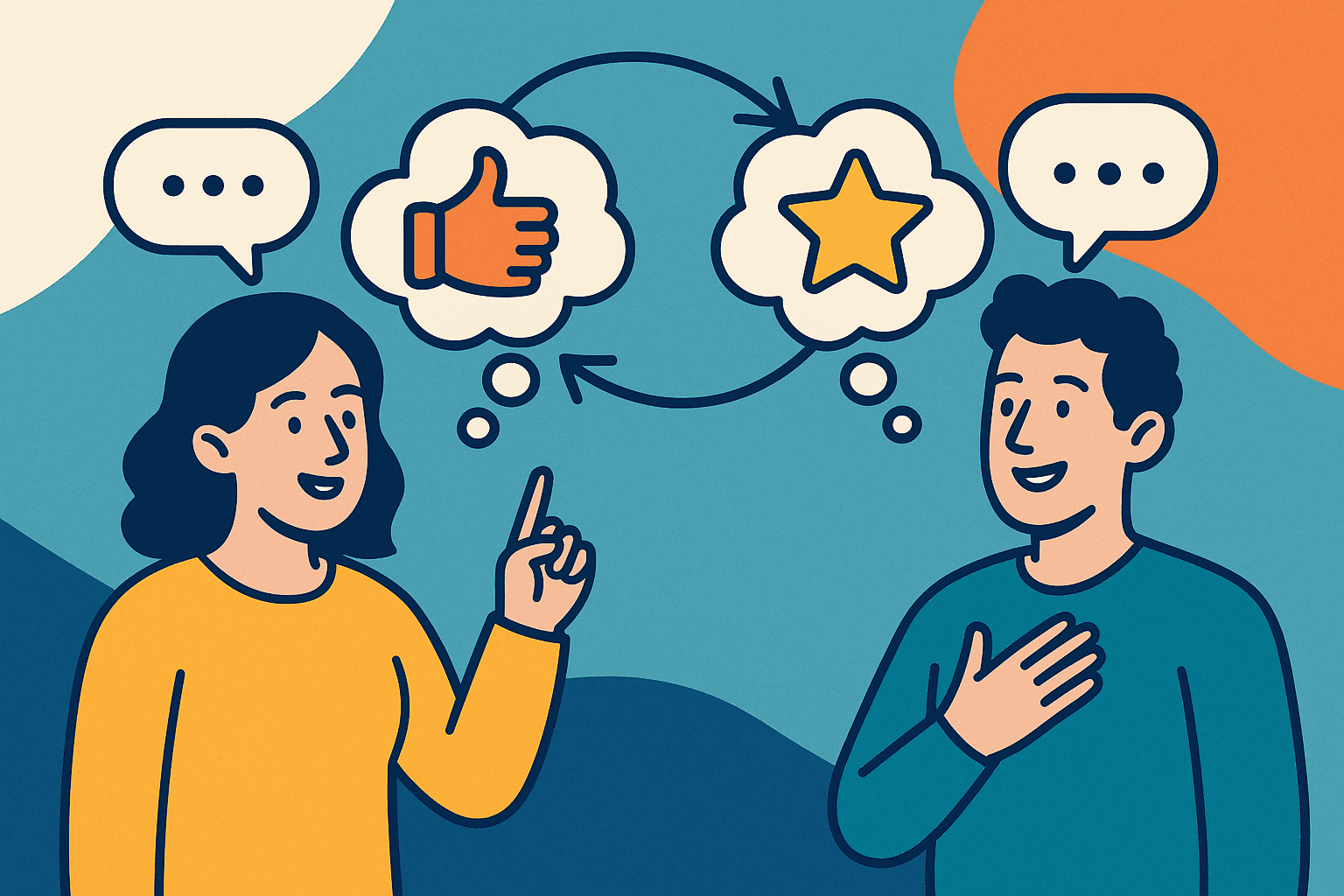 Ilustração em estilo flat mostrando duas pessoas trocando ideias e conectadas por linhas abstratas, simbolizando o feedback entre pares e a colaboração no ambiente de trabalho.