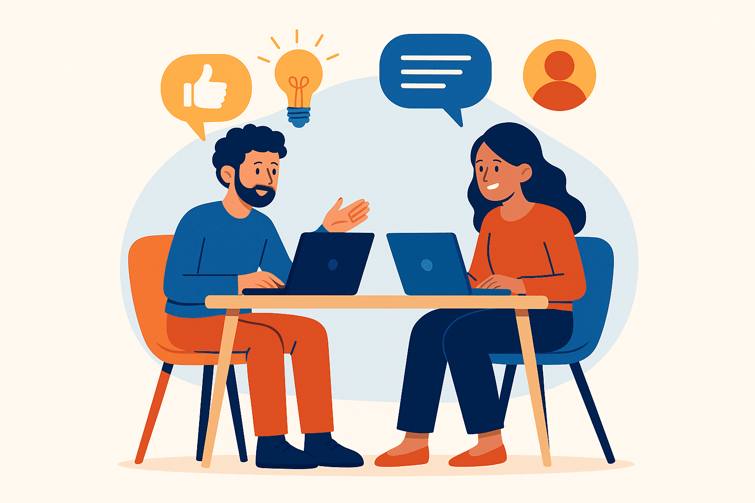 Dois colegas de trabalho em um ambiente moderno trocando ideias e risadas, representando confiança, feedback e crescimento conjunto.