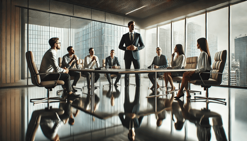 Profissionais em reunião colaborativa em um ambiente corporativo moderno, simbolizando escuta ativa, confiança e cultura organizacional saudável.