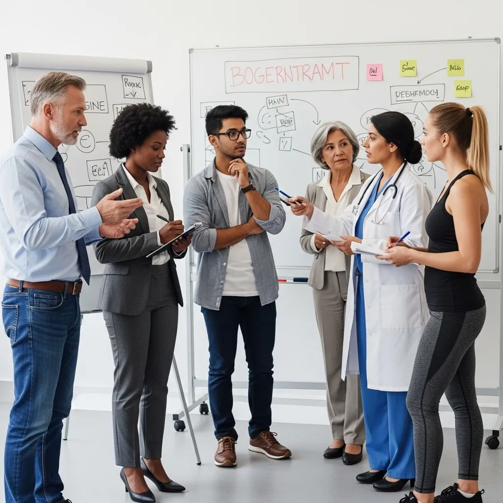 Grupo diverso de profissionais analisando relatórios em um ambiente corporativo, simbolizando autoconhecimento e desenvolvimento no trabalho.