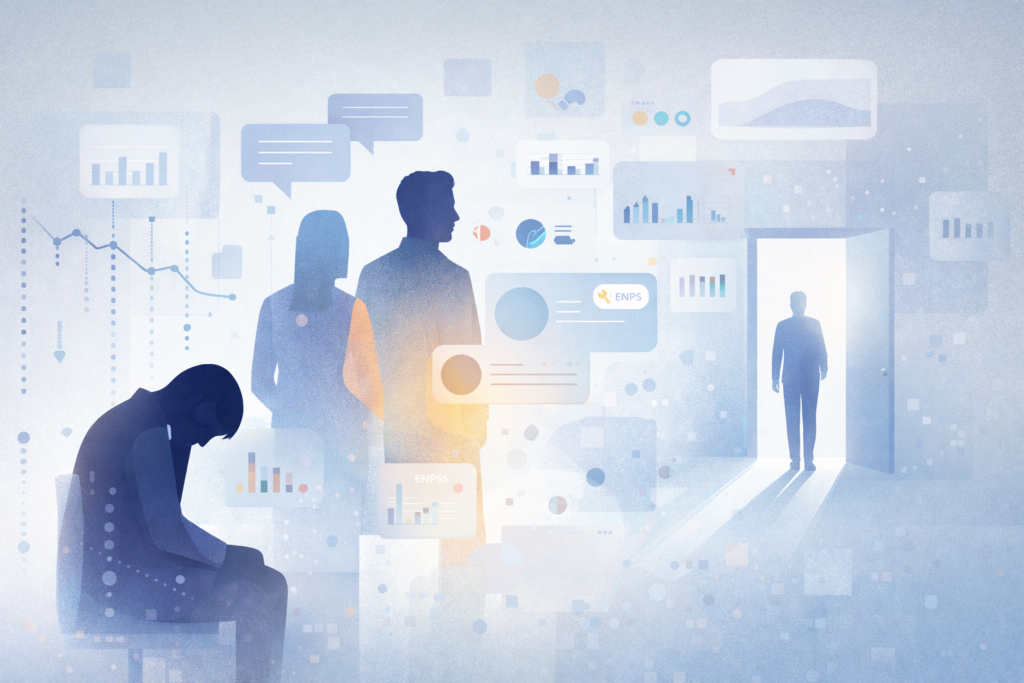 Ilustração abstrata representando sinais silenciosos de desengajamento no ambiente corporativo e análise de dados para prevenção de turnover.