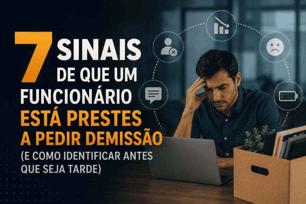 Funcionário preocupado trabalhando em frente a um computador, com ícones representando queda de desempenho, insatisfação e risco de demissão.