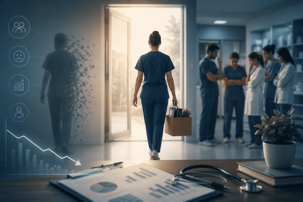 Profissional de saúde deixando uma clínica enquanto a equipe observa ao fundo, representando turnover, desengajamento e perda de talentos no setor de saúde.